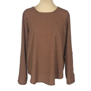 Van Heusen Brown Gold Patterned Long-Sleeve Blouse, Women's Large